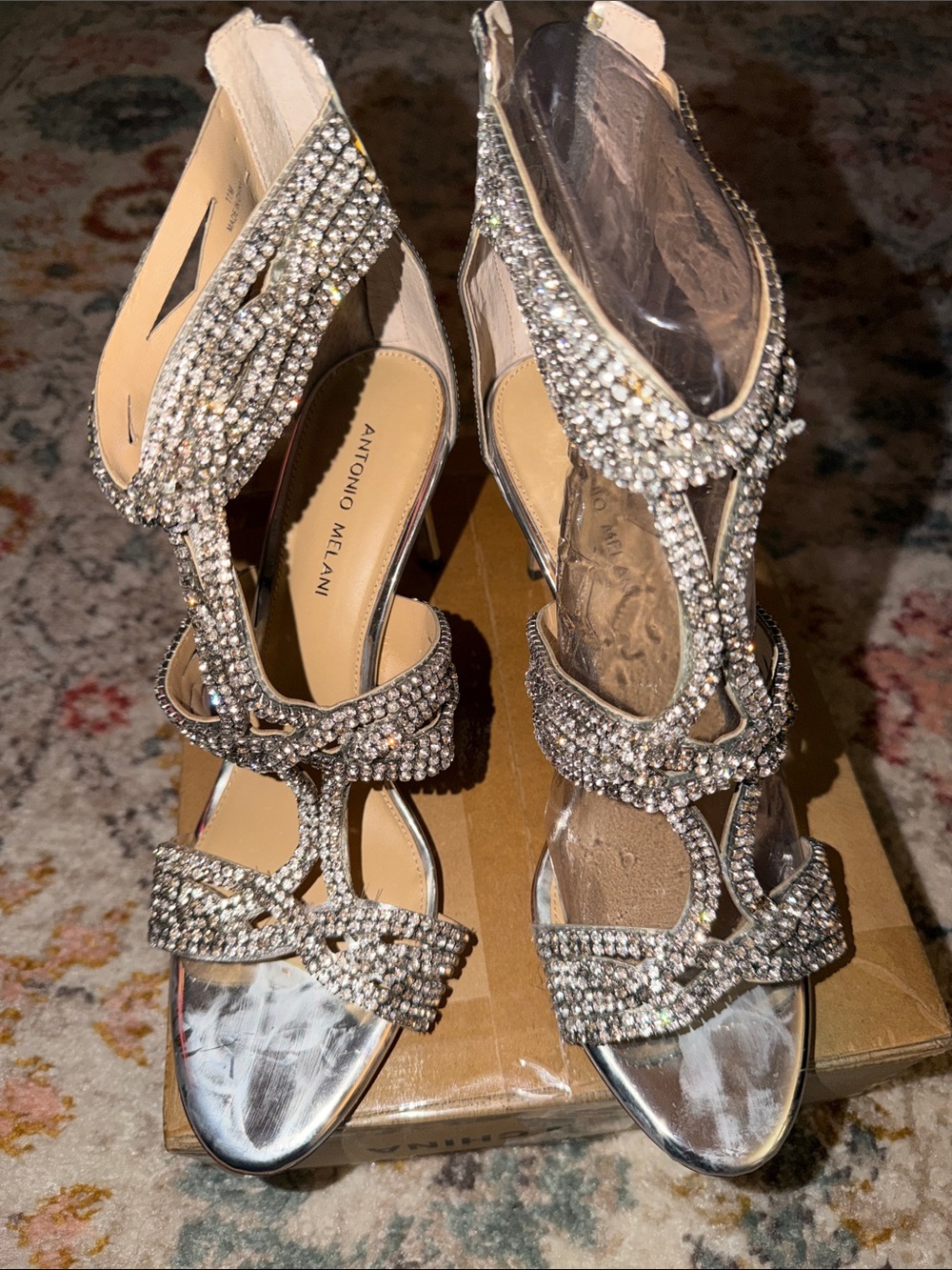 ANTONIO MELANI Silver Rhinestone T-Strap Dress Heels